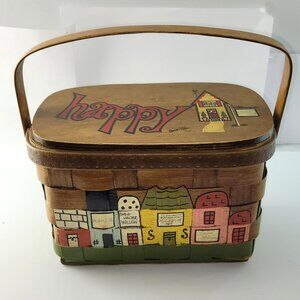 Vintage Caro Nan Hand Painted "Happy" City Scape Basket Bag Purse